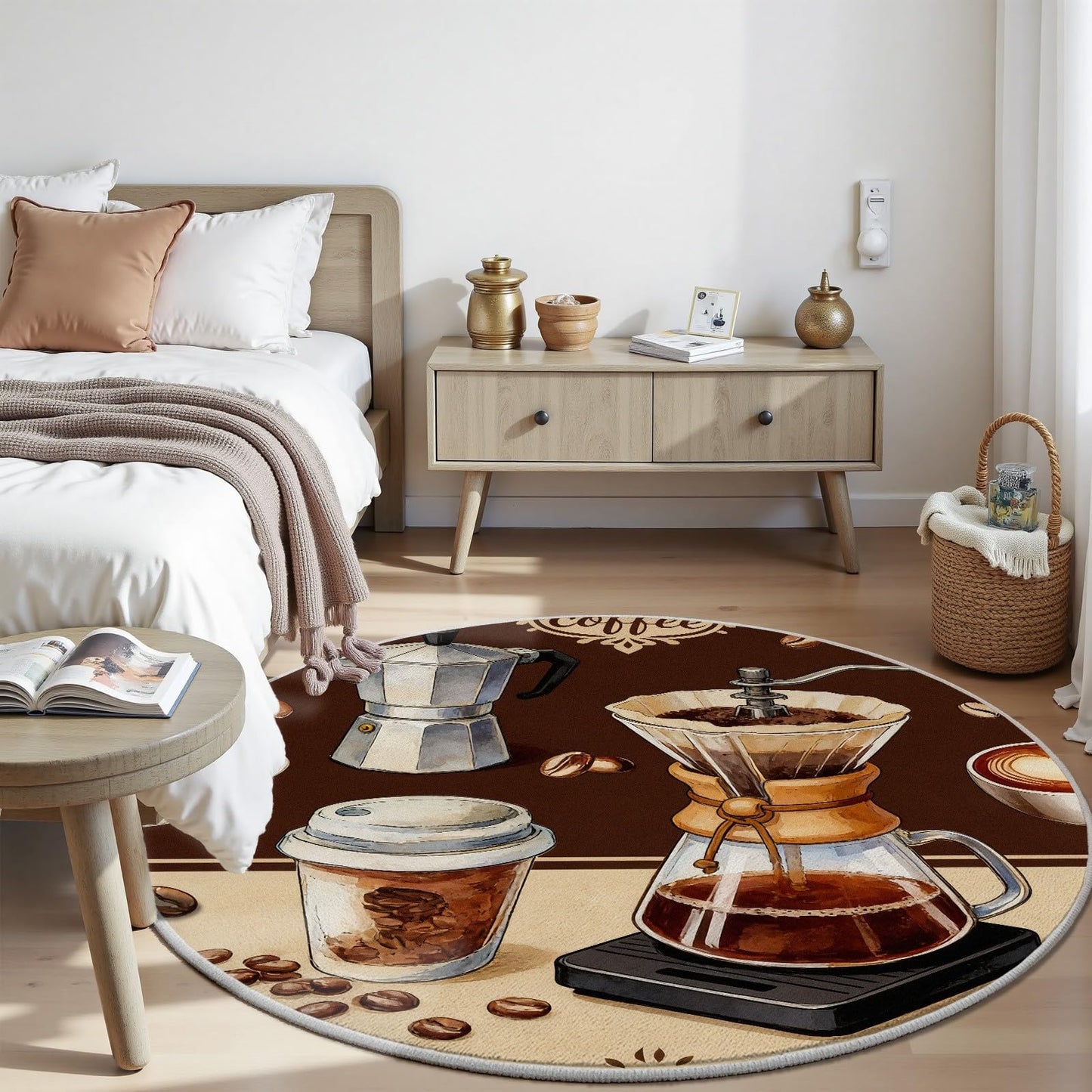 Egljss 4ft Round Rug, Coffee Bean Circle Area Rug for Living Room, Brown Round Carpet for Bedroom, Coffee Cup Circle Washable Rugs for Dining Table, Rugs Non Slip Kitchen