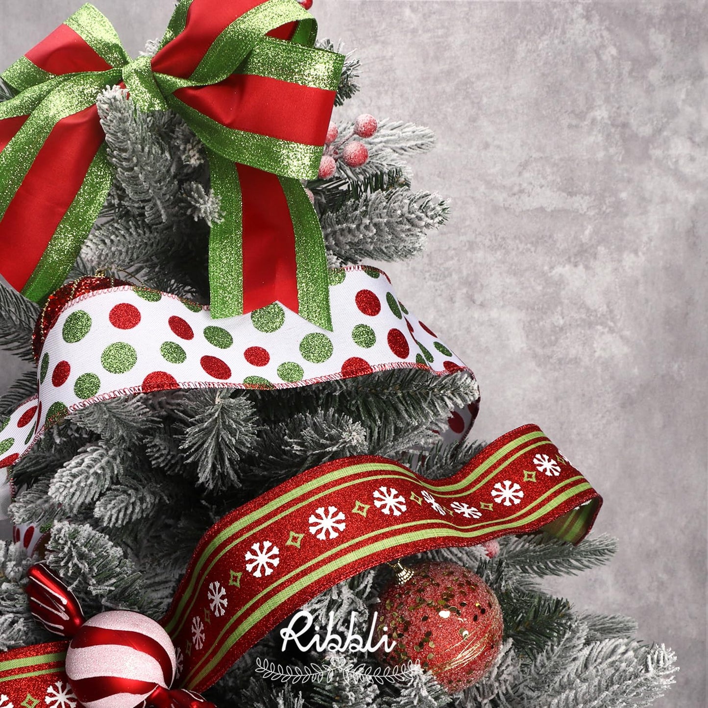 Ribbli Christmas Ribbon Wired Red and Lime Green Christmas Tree Ribbon Candy Cane Glitter Burlap Ribbons for Topper Bow Crafts Gift Wrapping Wreaths Garland Home Decor -2.5 Inchx6 Rolls Total 30Yard