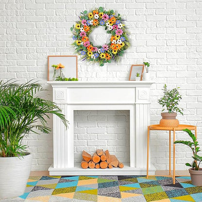 Dremisland 22 Inch Colorful Daisy Wreath Spring Summer Wildflower Wreath with Green Eucalyptus Leaves for Front Door Artificial Floral Wreaths Window Wall Farmhouse Wedding Party Festival Decor