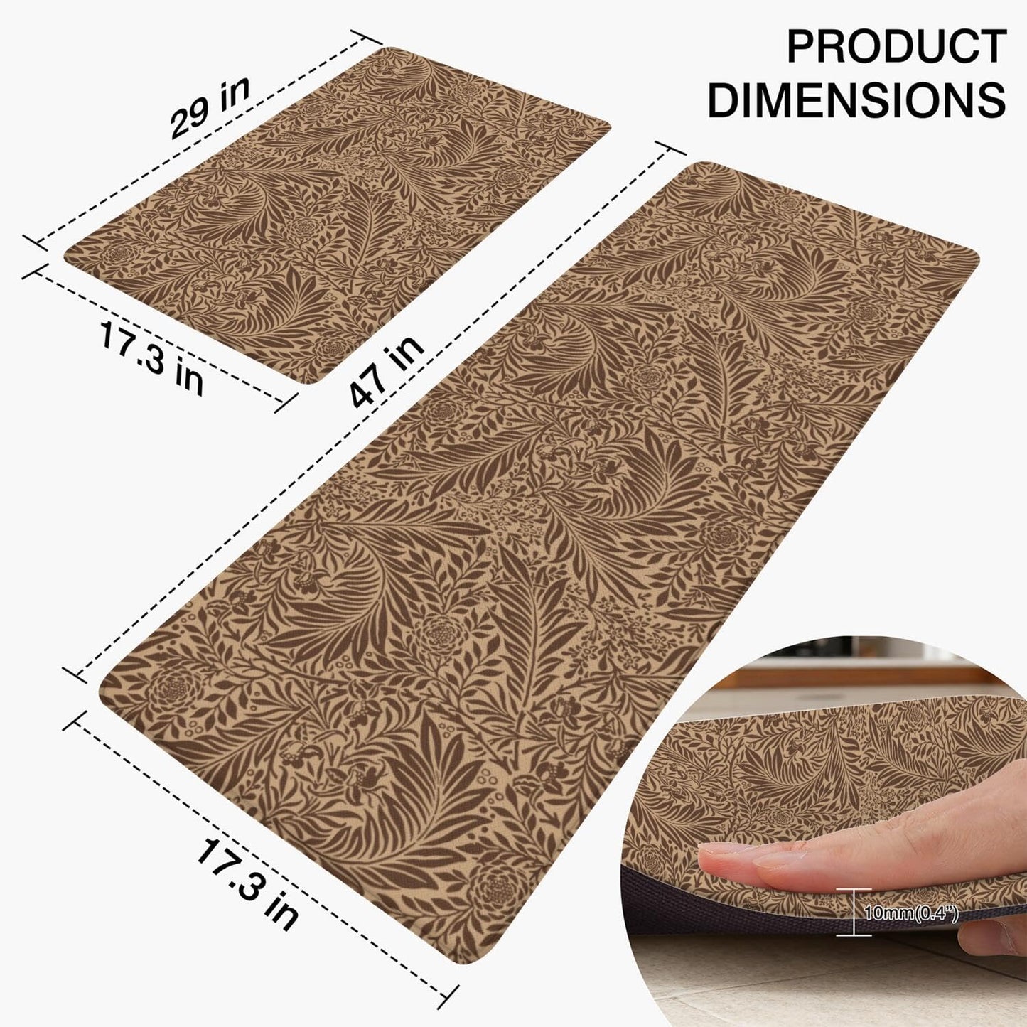 Tropical Palm Leaf Anti Fatigue kitchen Rug and Mat Non Slip Comfort Washable Waterproof Brown botanical Kitchen decor Mat, Ergonomic standing Rug Set of 2 for Home, Sink, Laundry, 17.3"x47"+17.3"x30"
