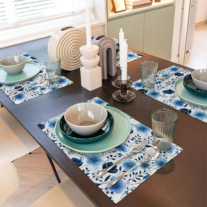 Blue Floral Watercolor Linen Placemats Set of 4, 12" x 18" Heat Resistant Washable Boho Blue Table Mats for Dining Table Kitchen Party Outdoor, Elegant Home Decor & Gift for Floral Nature Enthusiasts