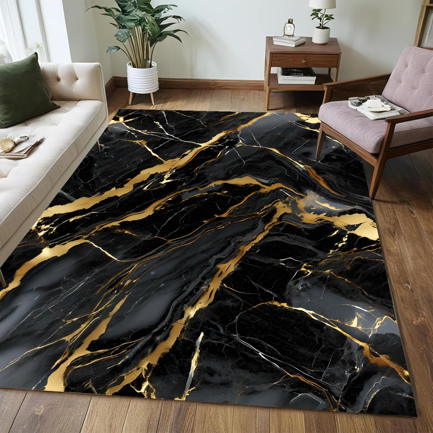 EDGZKO Black Gold Marble Rugs: 4x6 Feet Modern Aesthetic Abstract Area Rug Washable Carpet Non-Slip Floor Mats Doormat for Living Room Bedroom Dining Room Dorm Classroom Nursery