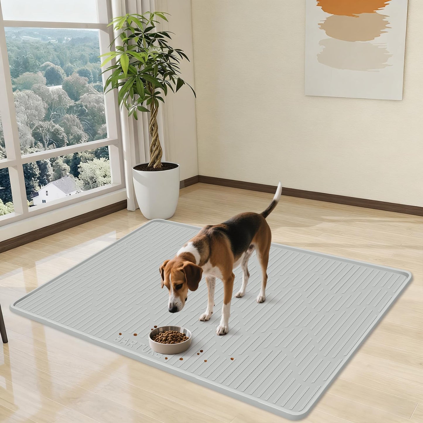 Bartuke Silicone Cat & Dog Food Mat, 24" x 24" Large Pet Feeding Mat for Cats and Dogs Bowl, Pet Placemat for Food and Water with Raised Edge, Waterproof, Leakproof (Grey)