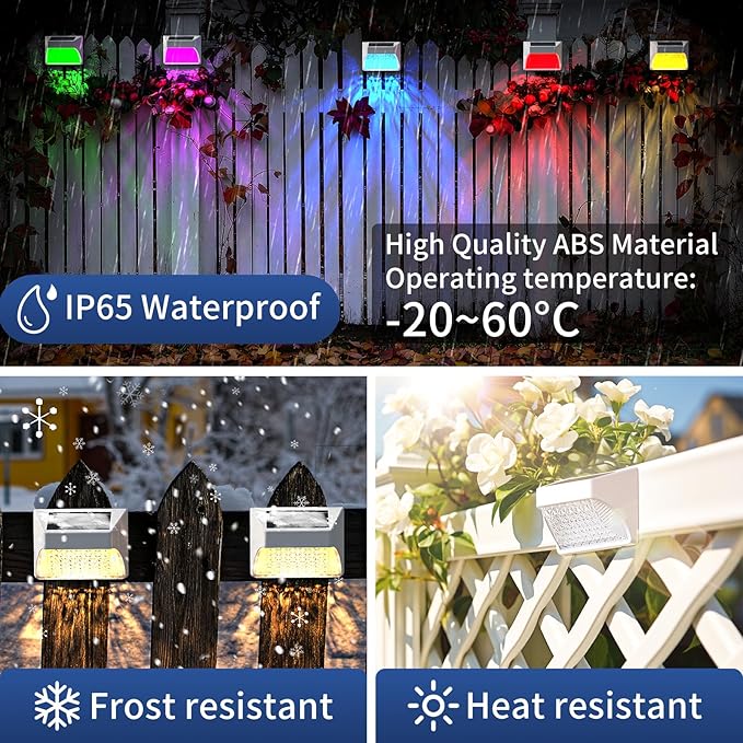 Solar Powered Fence Deck Lights Outdoor Waterproof Led IP65 RGB Color Changing/Warm White Auto On/Off Solar Step Lights for Outside Stair Garden Yard Wall Patio (2 Pack, White)