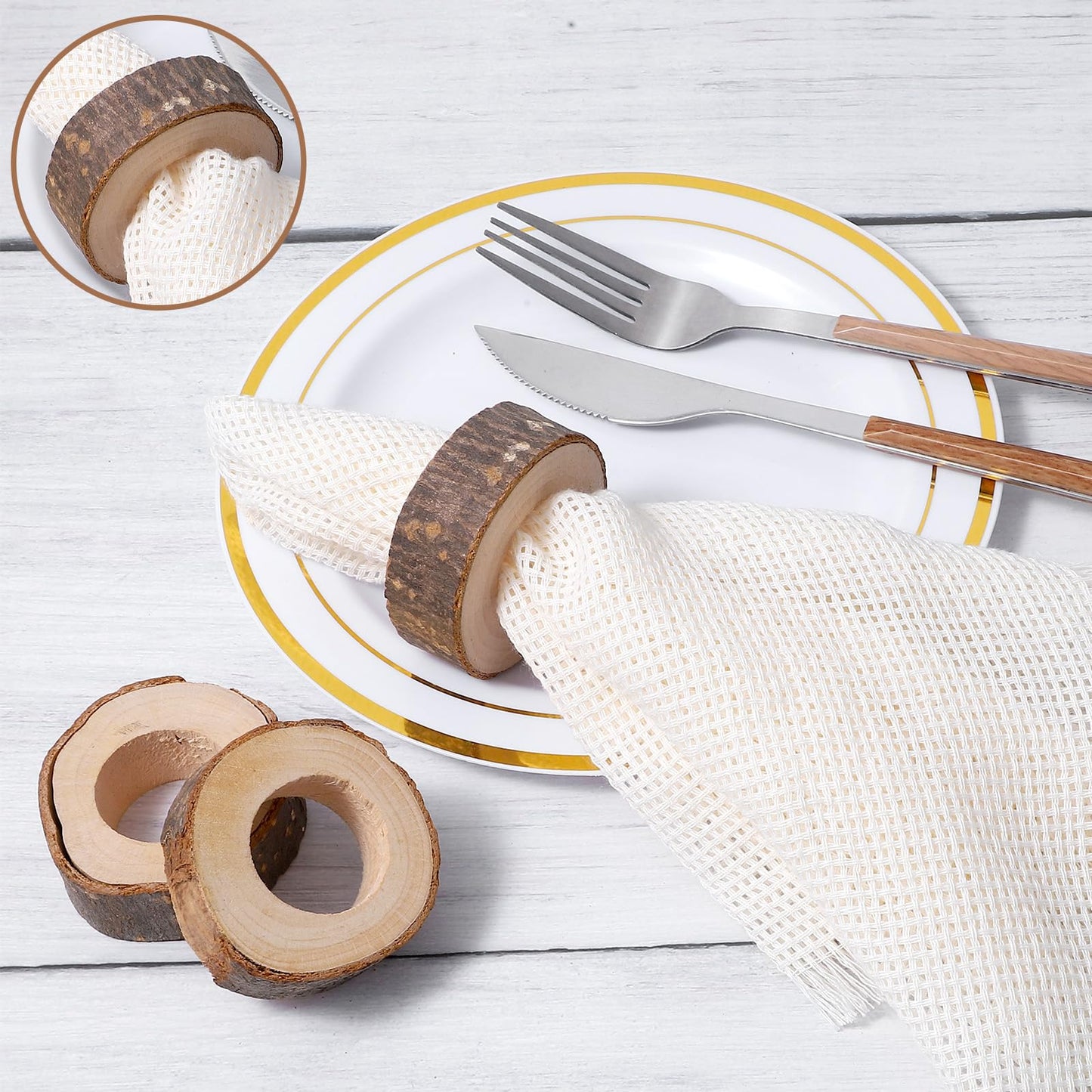 50 Pcs Wooden Bark Napkin Ring 1.18 Inch Handcrafted Wooden Napkin Holder Decorative Round Shaped Holders with Bark Edge Natural Design for Table Dining Parties Special Occasions Kitchen & Home Decor