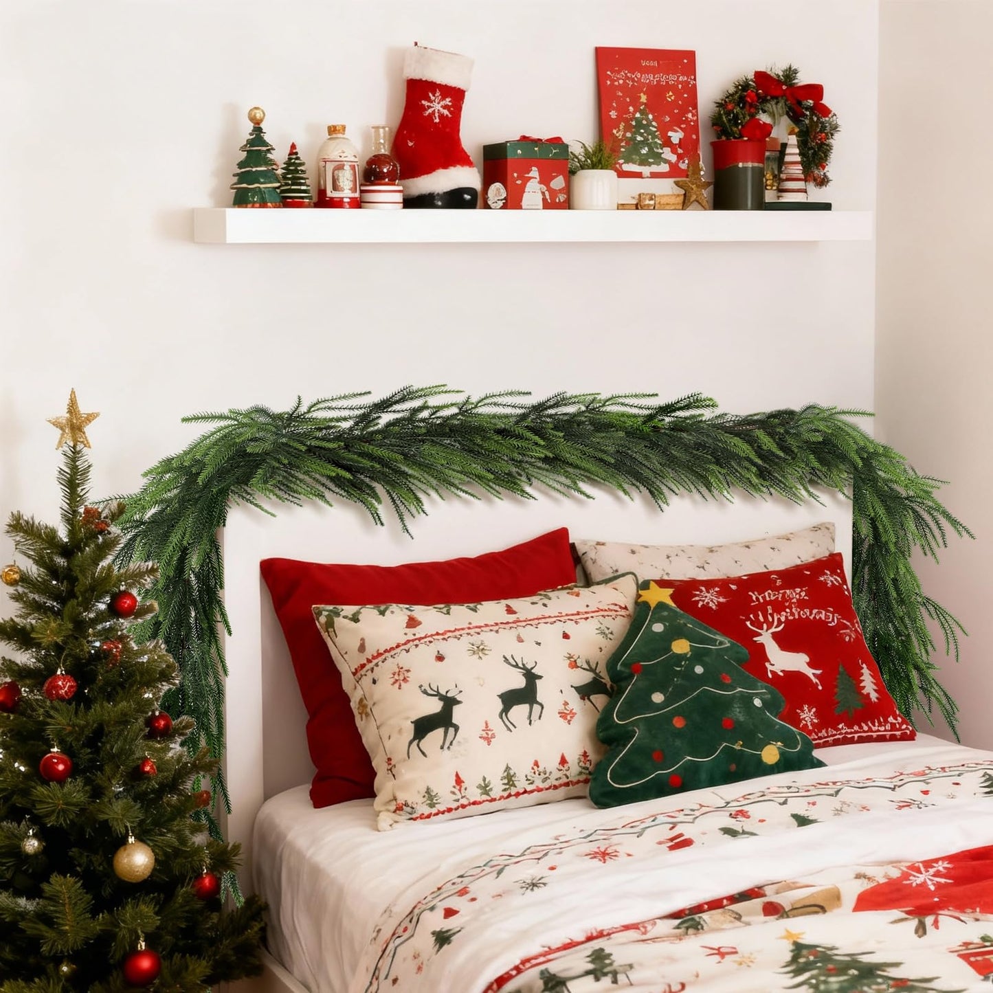 PABREY 2 Pcs 9 Ft Norfolk Pine Garlands, Artificial Real Touch Winter Christmas Green Greenery Garlands for Mantle, Fireplace, Table, Wall, Outdoor, Indoor Christmas Decorations (9 FT, 2)