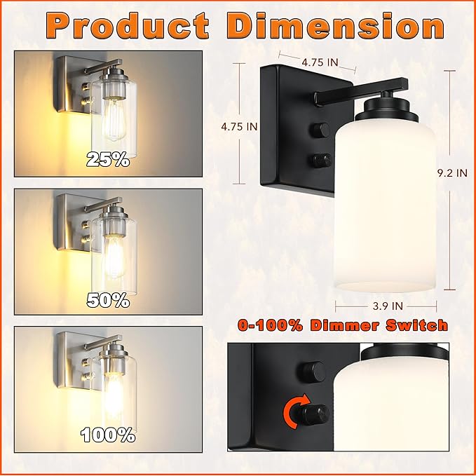 Wall Sconces with Switch Set of Two, Bedside Wall Lamps for Bedroom, Modern Bathroom Light Fixtures with Milk Glass Shade, Black Sconces Wall Lights for Hallway, Living Room, Kitchen