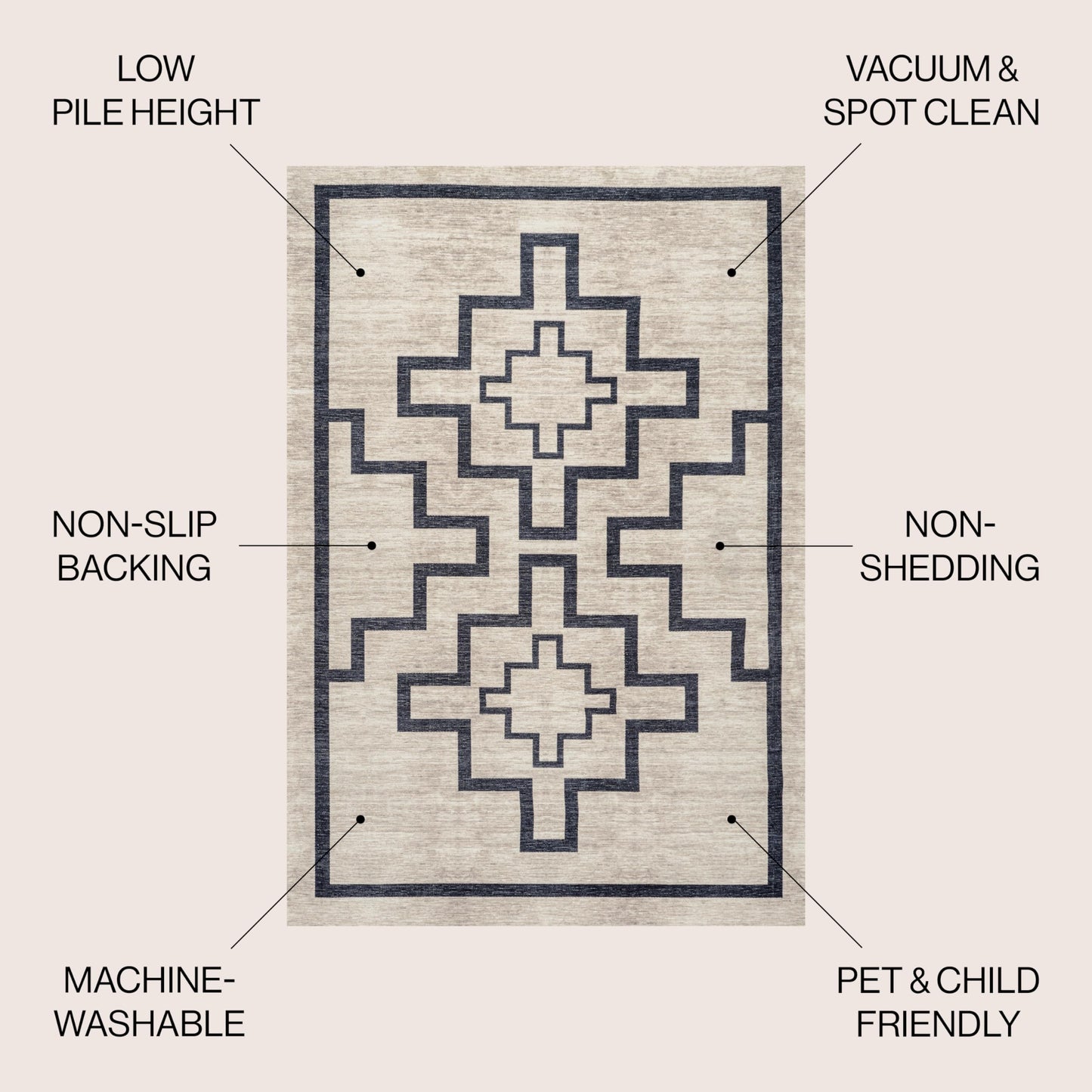 JONATHAN Y Machine Washable Indoor Area Rug 3X5 Ivory/Dark Gray, Ashkii Minimalist Medallion for Living Room, Bedroom, Kitchen, Office, Easy-Cleaning, Pet-Friendly, Non-Shedding WSH115A-3