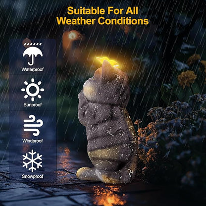Solar Garden Decor Outdoor Statues Cat - Lawn Decor Statue for Patio, Balcony, Yard Ornament - Unique Gifts for Housewarming, Birthday, Christmas (Gray)