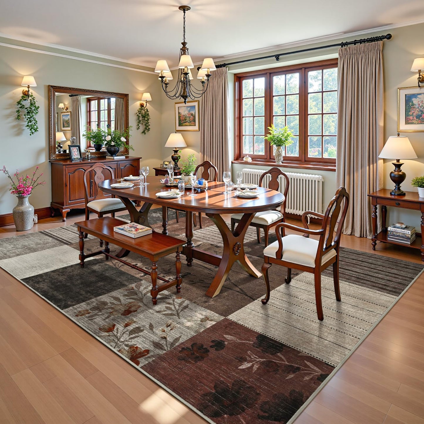 DweIke Area Rugs 4'x6' Washable Brown Rug for Living Room, Non-Slip Modern Geometric Patchwork Stain Resistant Indoor Throw Carpet for Bedroom Dining Room Farmhouse Office Decor