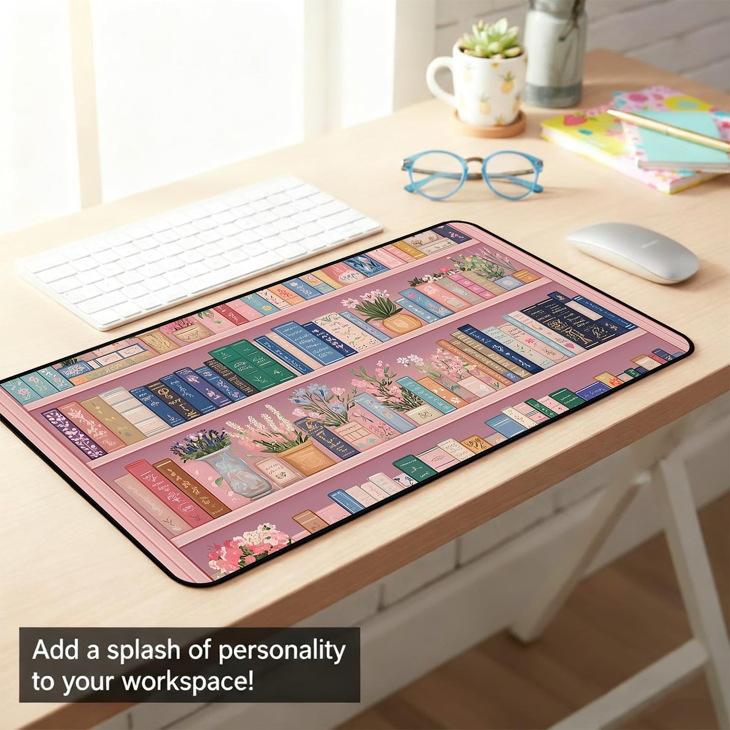 Cute Bookshelf Deskmat, Pink Desk Pad Mousepad XXL, Game Pad, Large Office Desk Keyboard Mat, Anti Slip Rubber Base and Sewn Edge Mouse Mat, Beautiful Reading Space Desktop Decor 31.5"X15.7"