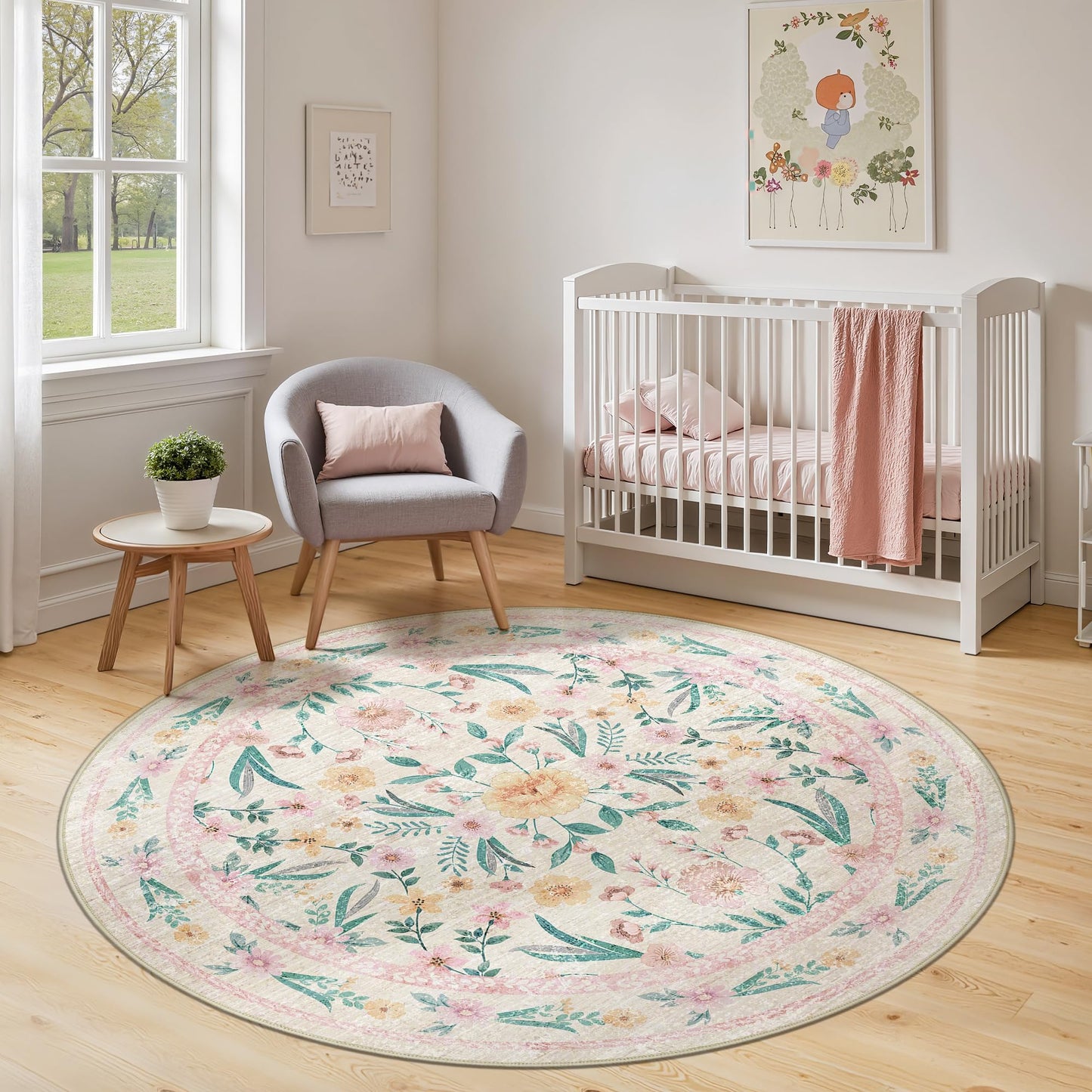 Dadasgk Pink Floral Round Rug 6ft, Washable Boho Circle Area Rug for Girls Bedroom or Living Room, Soft Non-Slip Botanical Carpet for Nursery or Kids Room, French Flower Design Home Décor Rug