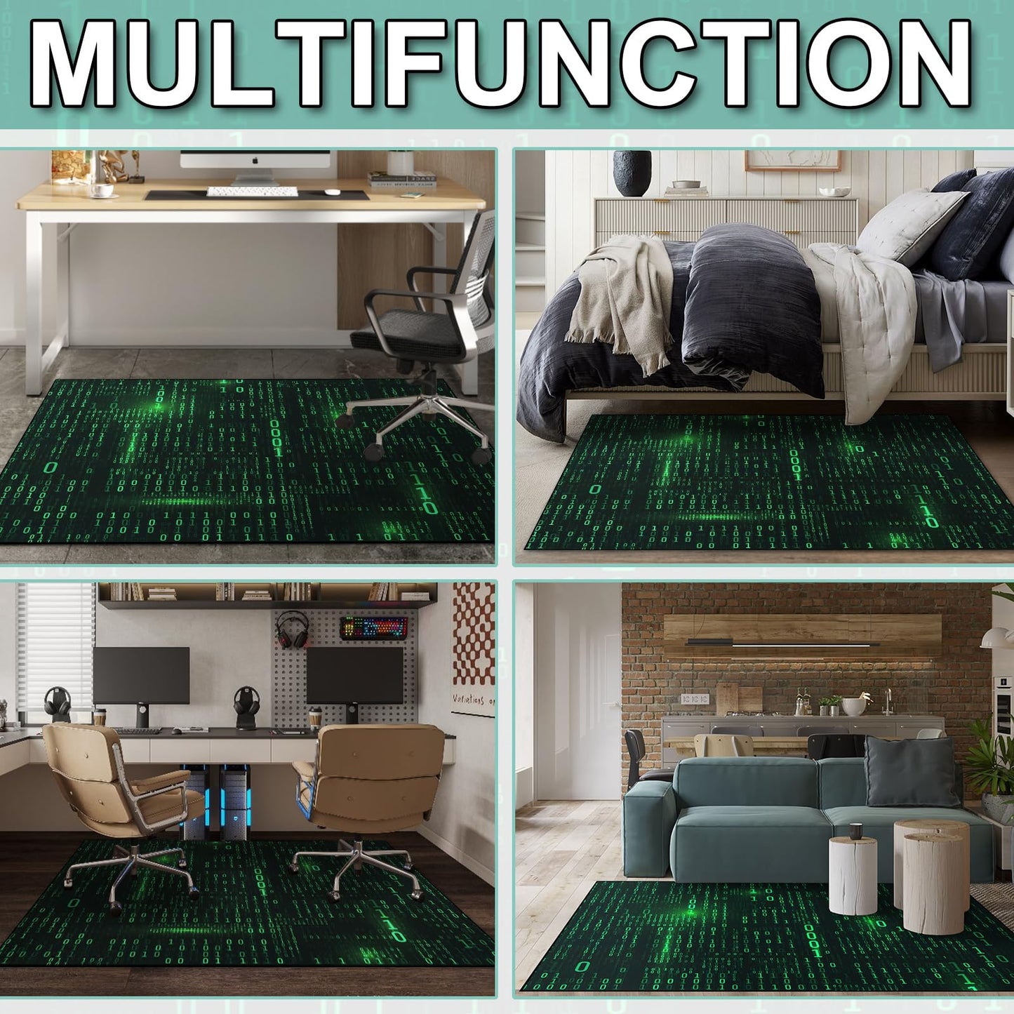 Washable Game Area Rug, Binary Code Design Gaming Programmer Teen Carpet Rug Doormat, Non-Slip Low-Pile Floor Carpet for Computer Bedroom Indoor Front Entrance Living Room Office (60" x 40")