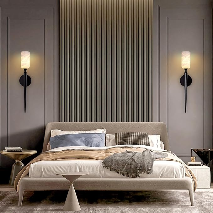 Alabaster Wall Sconce Set of 2, 22in Modern Spanish Natural Marble Bathroom Vanity Sconces, Indoor Black Wall Lighting Fixtures Decor for Bedroom Living Room Staircases