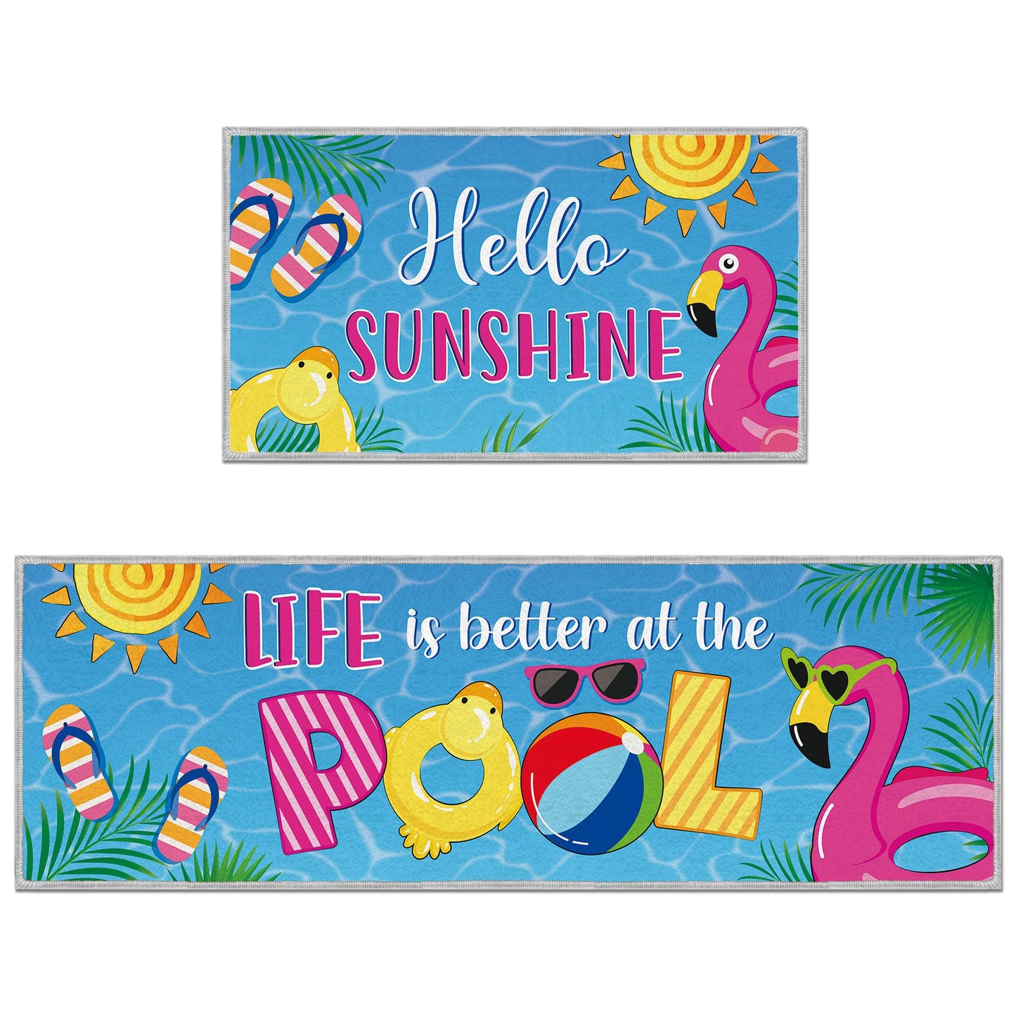 Romart Summer Kitchen Rugs Set, 2 Pcs Pool Party Flamingo Tropical Runner Rug and Floor Mat, Summer Kitchen Decor for Home Indoor Sink Area (16" x 28" & 16" x 47")