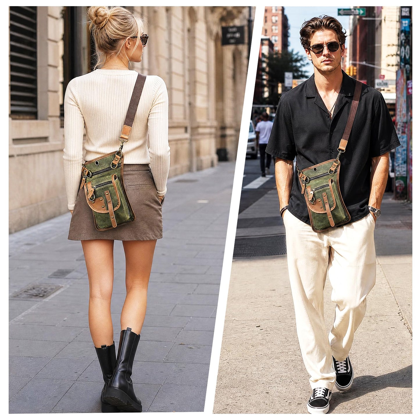 Handadsume Canvas + Leather Motorcycle Travel Fanny Waist Pack Drop Thigh Leg Bag Pouch For Men Women FB2141 (2141-The Army Green)