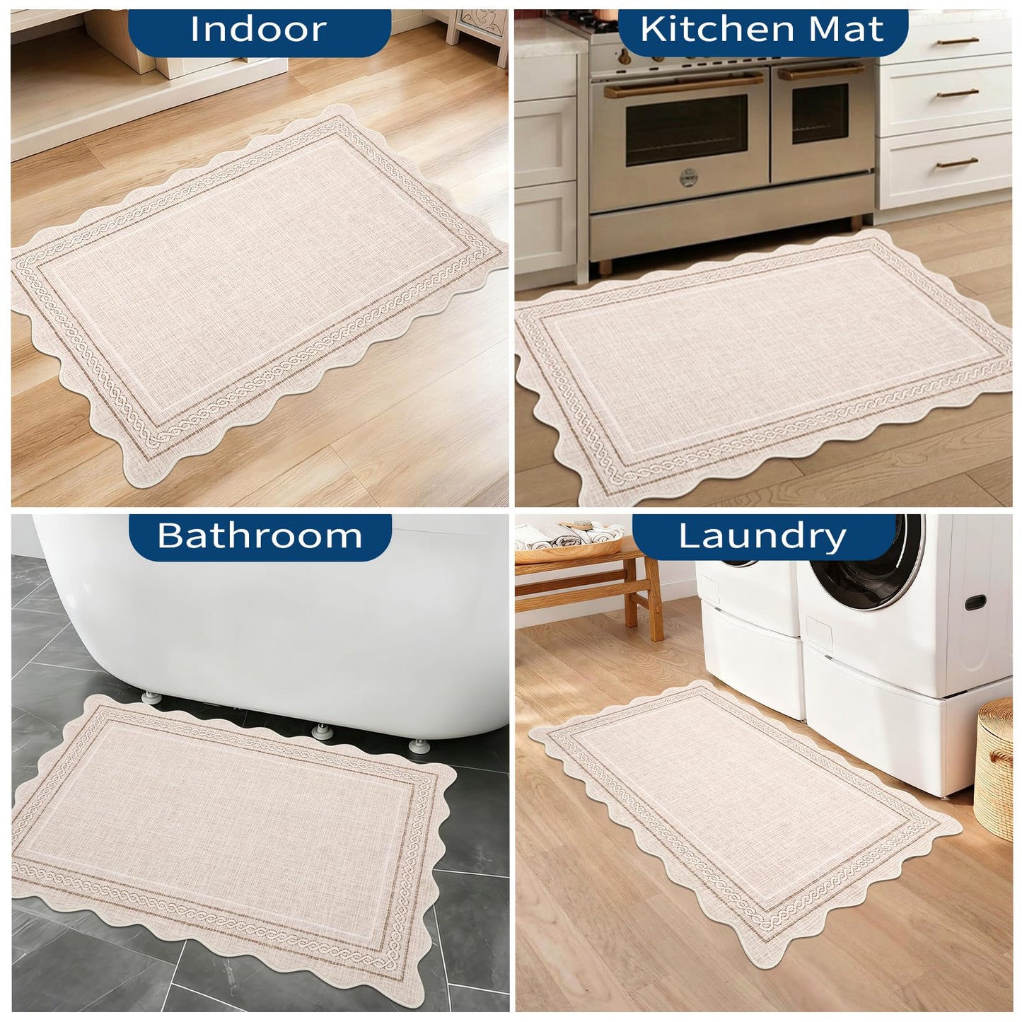 GarveeHome Scalloped Door Mat Indoor Entrance 2x3 Rug Machine Washable Boho Solid Small Area Rug Non-Slip Low Pile Throw Rugs for Entryway Kitchen Front Door Indoor Entrance Entry Kids Room, Beige