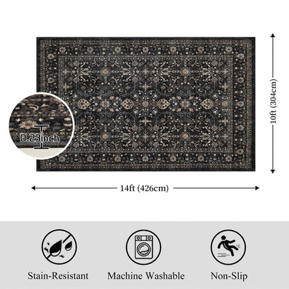 Ruaruarug Washable Area Rug 10x14 for Living Room, Bedroom, Ultra Soft Non Slip Stain & Fade Resistant, Pet & Kids Friendly, Suitable for High Traffic Areas Easy to Clean for Kitchen, Black Grey