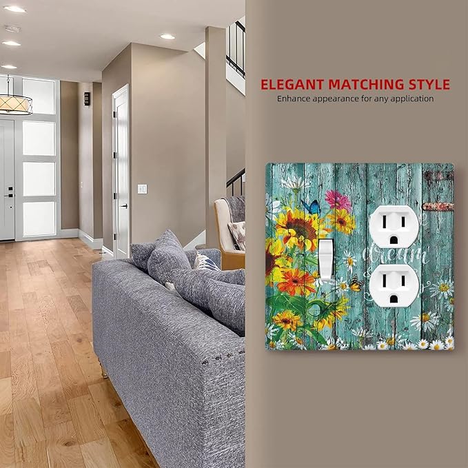 Decorative Light Switch Cover Plate Rustic Vintage Wood Planks Sunflower Butterfly 2 Gang Outlet Covers 1 Toggle 1 Duplex Wall Plate Decorate Electrical Switch Plate Covers for Bathroom Home Decor