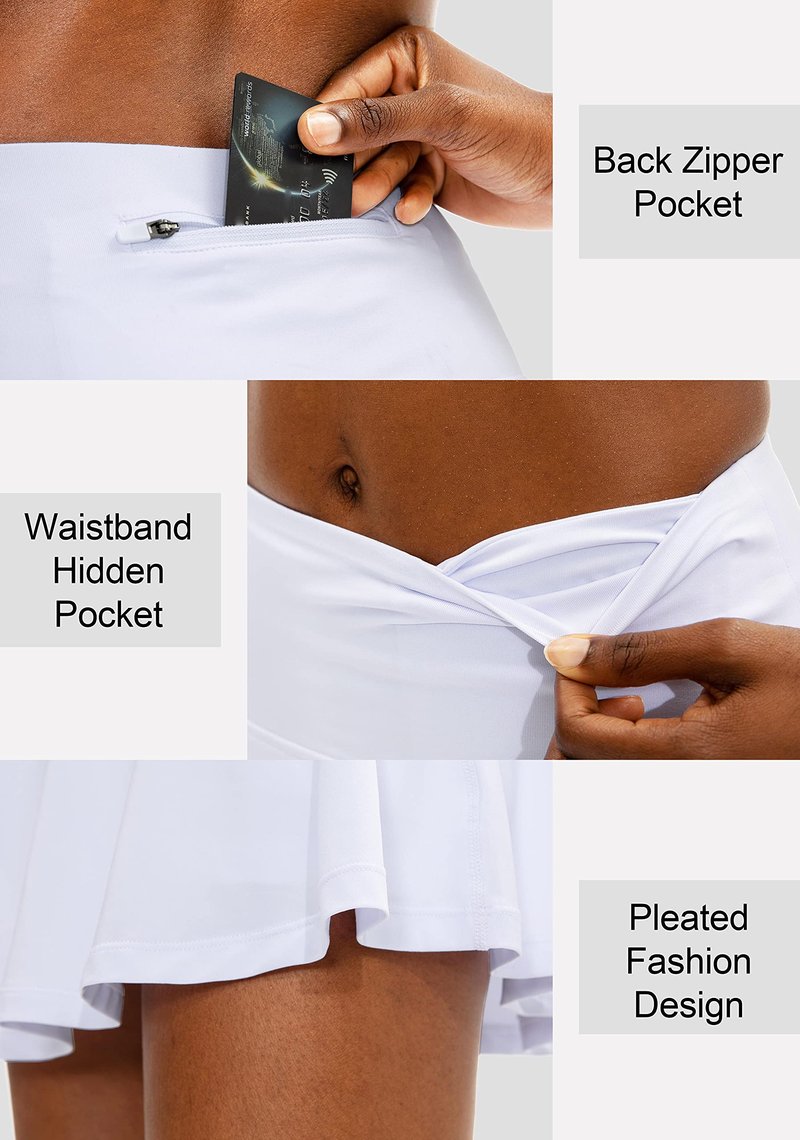 SANTINY Pleated Tennis Skirt for Women with 4 Pockets Women's High Waisted Athletic Golf Skorts Skirts for Running Casual (White_S)
