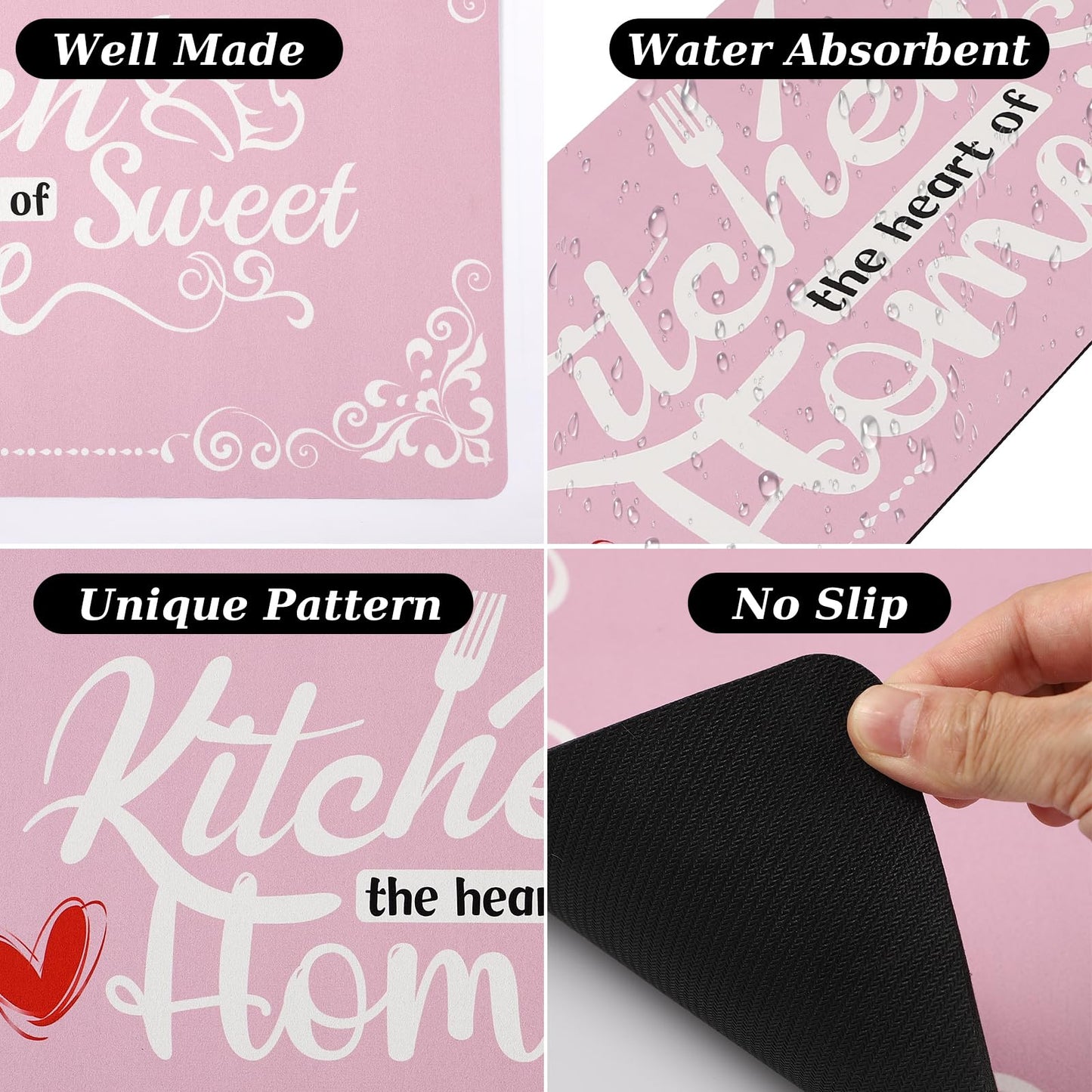 XLHOMO Pink Kitchen Mats for Floor 3 Pieces Set, Non Slip Cushioned Runners Waterproof Comfort Kitchen Rugs and Mats Farmhouse Chef Mat Carpet for Sink,Laundry Room