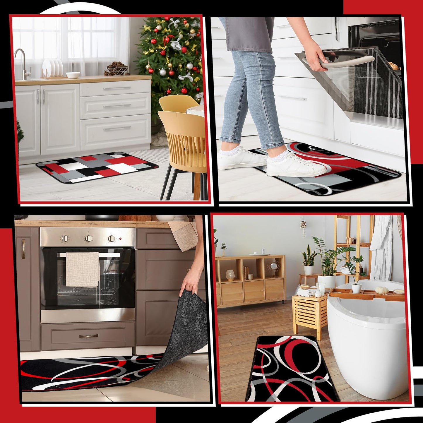 Maasechs 3 Pcs Red Black Geometric Kitchen Rugs and Mats Set Anti Fatigue Floor Mat Non Slip Washable Modern Abstract Runner Rug Minimalist Kitchen Decor for Home Office Bathroom, 17 x 30 +17 x47