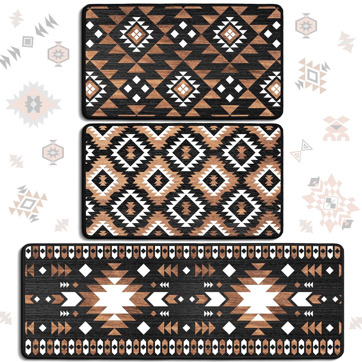 Drydiet 3 Pcs Aztec Western Kitchen Rugs and Mats Set Boho Farmhouse Non Slip Rug Geometric Waterproof Floor Mat Aztec Western Decor for Kitchen Home Entryway Bar Office Bathroom Door Party Decor