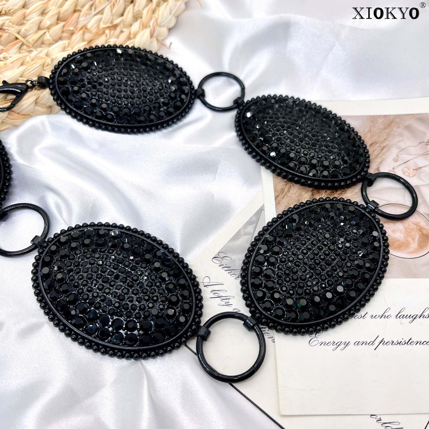 Xiokyo Bling Rhinestone Concho Belt Heavy Metal Western Crystal Chain Belt Cowgirl Sparkly Waist Chain for Women (Black-black Crystals, 38–40")
