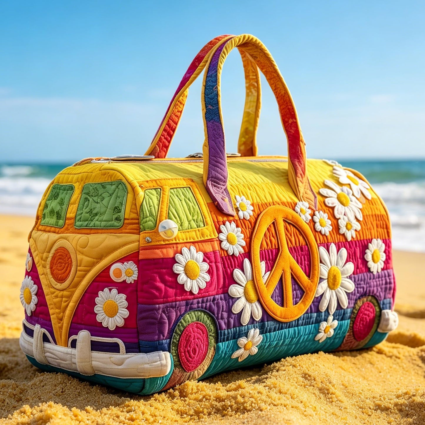 Hippie Bohemian Quilted Weekender Travel Bag, Multifunctional Tote Bags with Zipper Closure, Handmade Retro Book Duffle Bags for Party (#1 hippie bag)