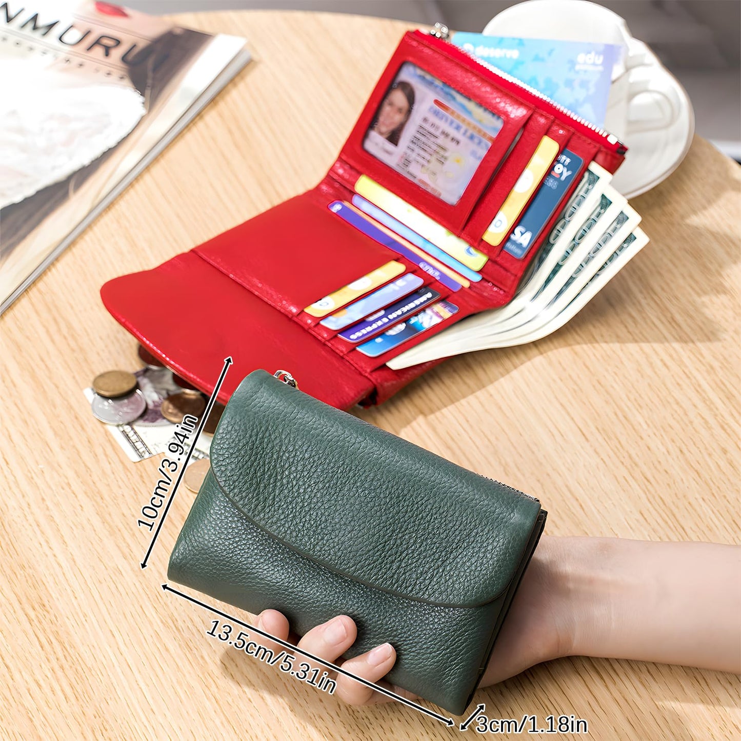 Unisex Pebble Leather Wallet, 5.3In Short Genuine Leather Coin Card Holder, Two zippered pockets, Unisex Clutch Bags, Can Hold Coins, Cards, Id Cards (Silver)