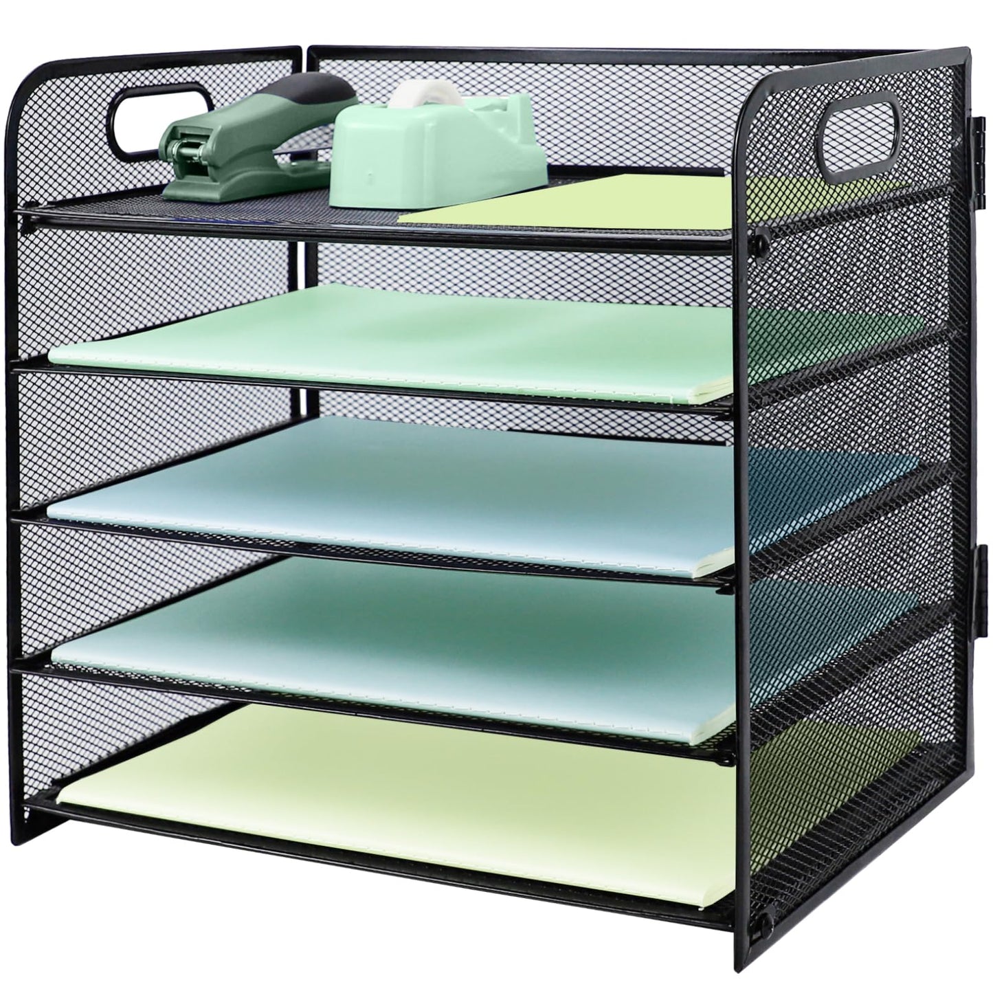 IOUGDSEC Paper Letter Tray with Handle, 5 Tier Metal Mesh Desk File Organizer, A4 Paper Desktop Filing Trays, Desk Tidy Magazine Document Holder for Home Office, Black