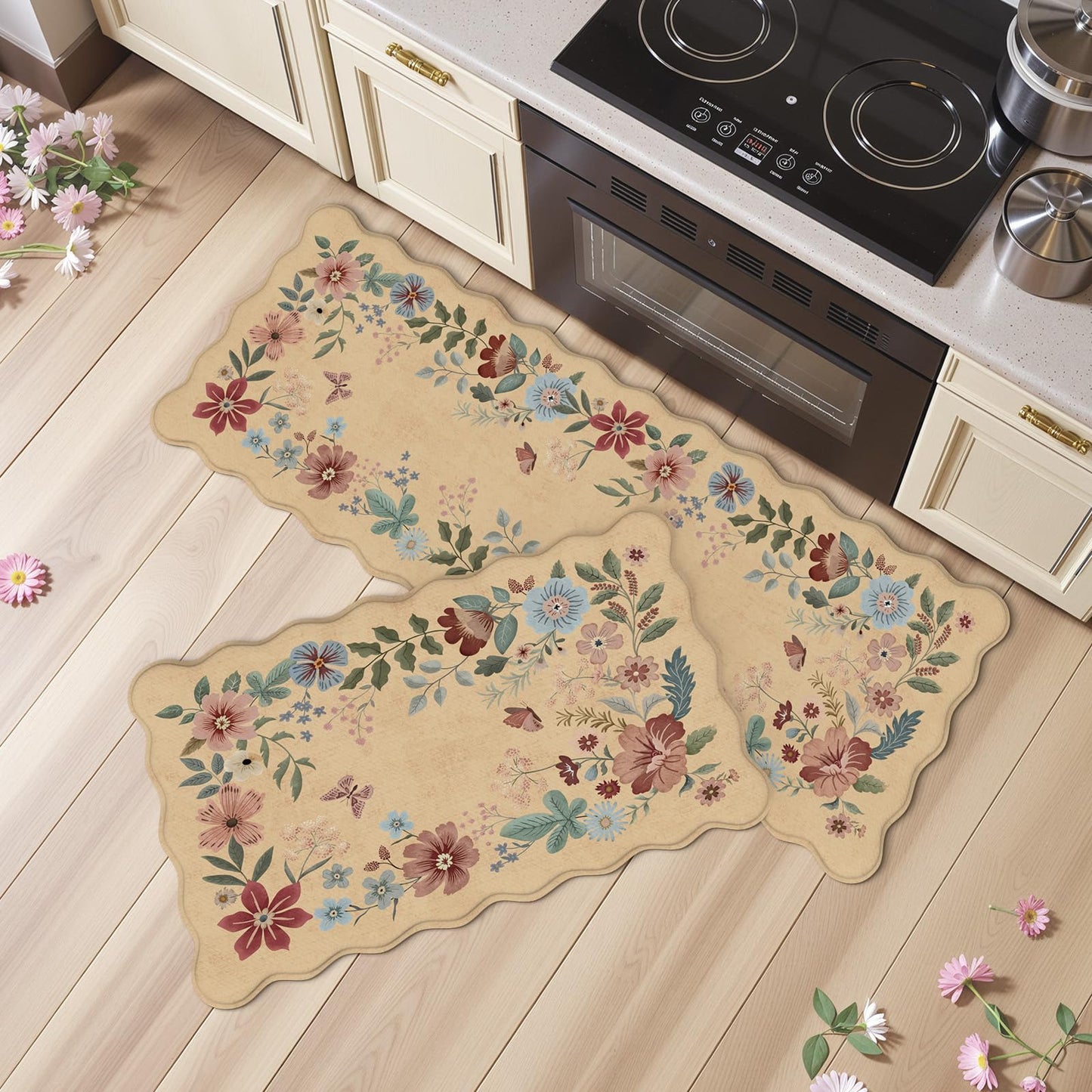 Collive Kitchen Floor Mat Cushioned Anti Fatigue, Scalloped Waterproof Kitchen Sink Rugs Non Skid Sets of 2, Memory Foam Comfort Standing Mats Boho Floral Desk Carpet for Laundry, Office, Home Decor