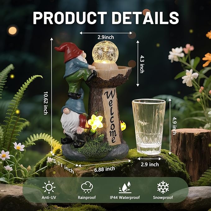 Solar Gnome Statue with Glowing Globe Light,Weatherproof Resin Garden Figurine Decor Auto On/Off - for Patio,Yard & Housewarming (Reminder: IT is NOT A Real Fountain)