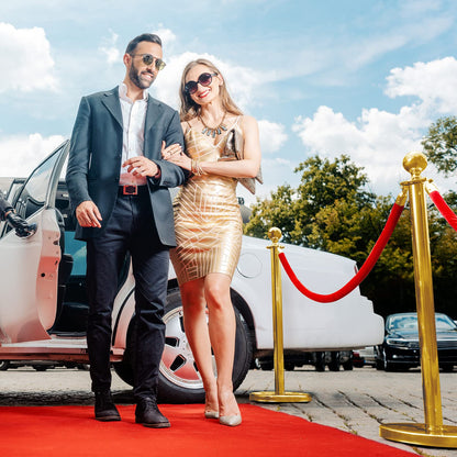 Ferraycle 4 Pcs 2026 Prom Stainless Steel Stanchion 5 ft Velvet Carpet Ropes and Pole Crowd Control Barriers Grand Opening Casino Movie Theme Party 360 Photo Booth Accessories (Gold)