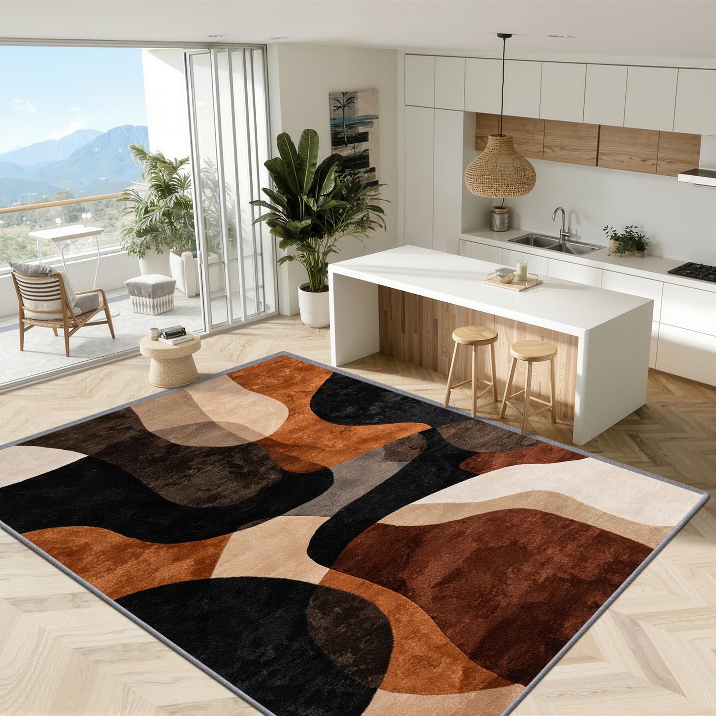 Phtbz Modern Abstract Rugs for Living Room - 5x7 Area Rugs, Earth Tone Geometric Rug, Brown Abstract Mid Century Rug for Living Room, Neutral Geometric Washable Bedroom Carpet, Mid Century Home Decor