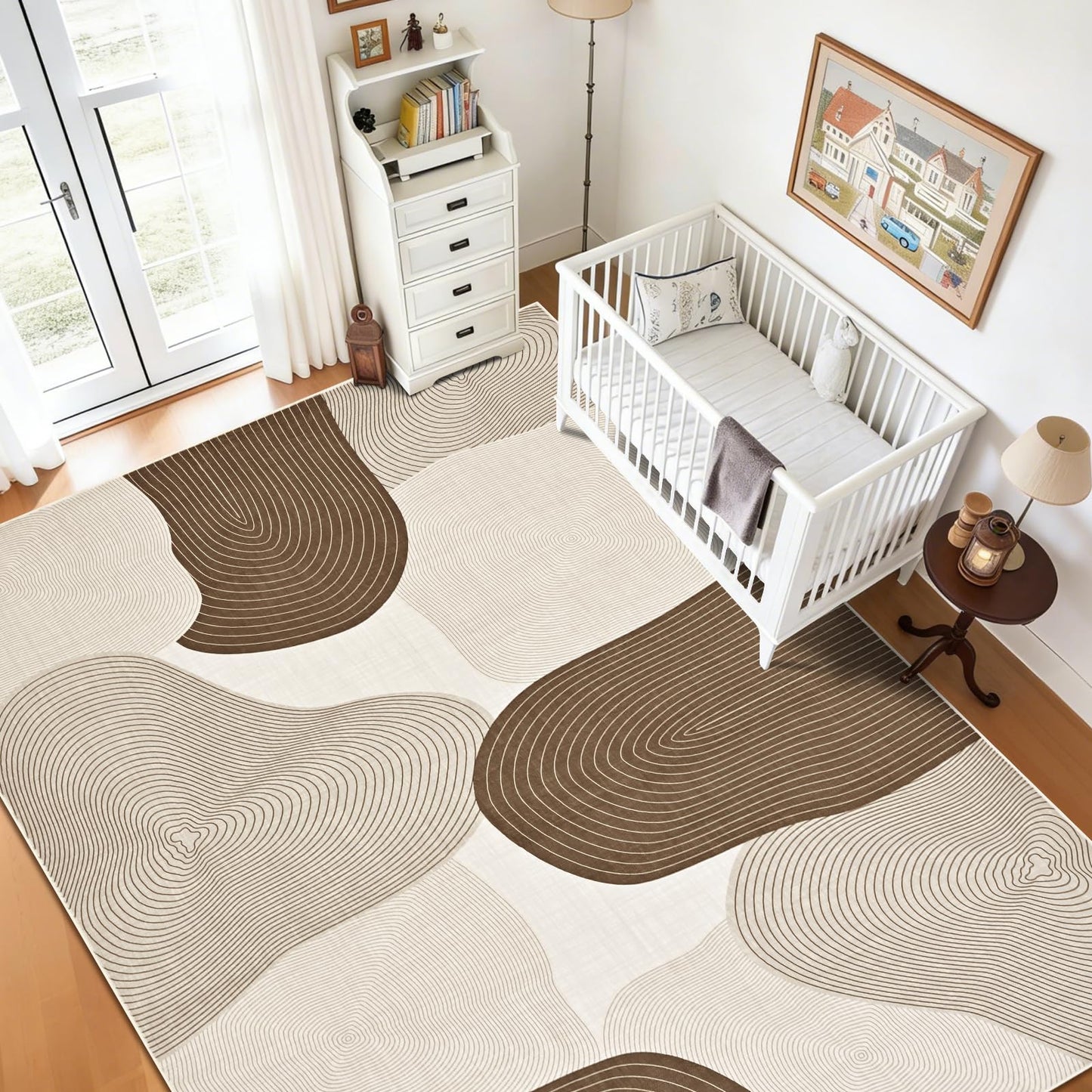 Yinhua Abstract Area Rug 5x7, Brown Living Room Rug Washable Modern Rugs Non Slip, Soft Area Rugs Low Pile, Faux Wool Carpet for Bedroom, Dining Room, Brown