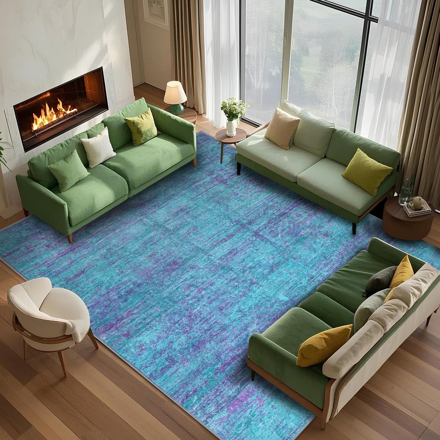 FLYRUGGO Abstract 5x7 Area Rug, Modern Teal Purple Throw Rugs for Living Room, Washable Soft Large Non-Slip Accent Carpet Floor Mat for Dining Room Office Bedroom - Teal+Purple