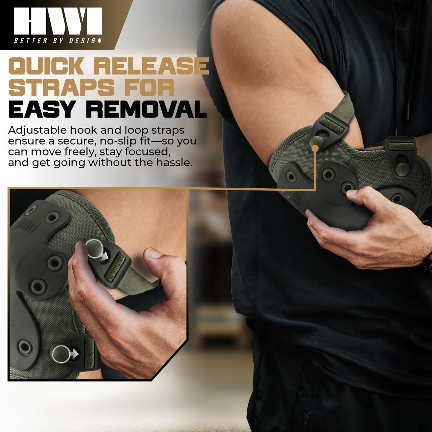 HWI Gear Next Generation Elbow Pad for Protection: Combat, Mechanics, Construction, Hunting, Landscaping, Outdoor Survival, Heavy Duty Industrial Grade, Adjustable