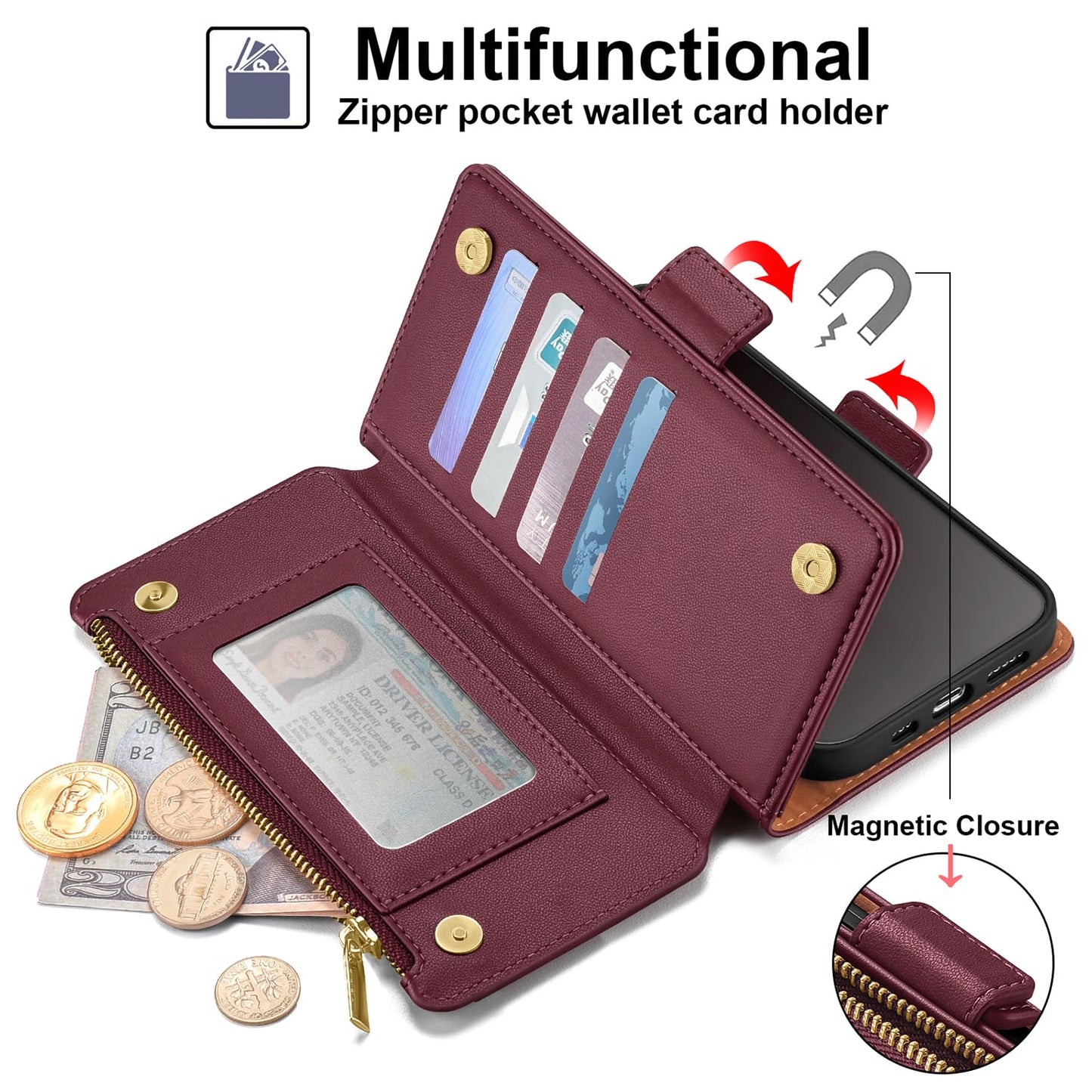 Antsturdy Compatible with Samsung Galaxy A54 5G Wallet Case with Card Holder Phone Case RFID Blocking PU Leather Flip Cover with Strap Zipper Credit Card Slots,for Women Men,Wine Red