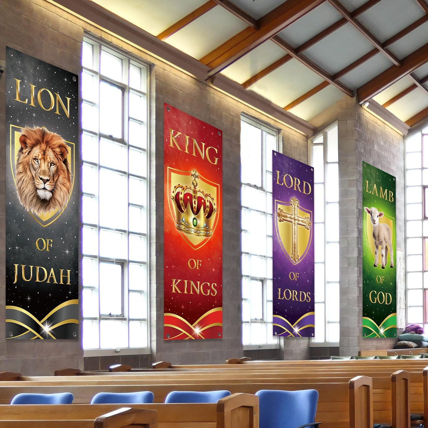 4Pcs Church Banners for Sanctuary Wall Welcome Religious Christmas Banners Hanging Backdrop Lion King Lord Lamb Church Banner Scripture Christmas Porch Signs for Holiday Church School Nativity Decor