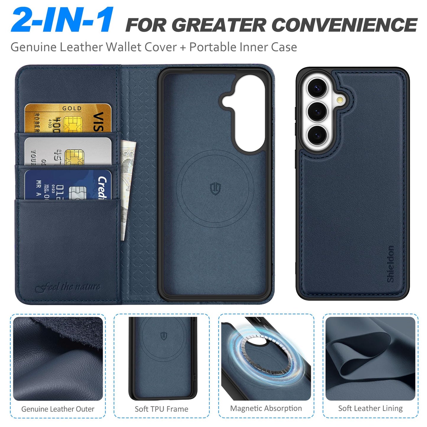 SHIELDON Real Leather Wallet Case for Galaxy S26+ 6.7", Detachable, RFID Blocking Credit Card Slot, Flip Magnetic Closure, Kickstand, Wireless Charging, Removable Shock Absorbing Cover - Navy Blue
