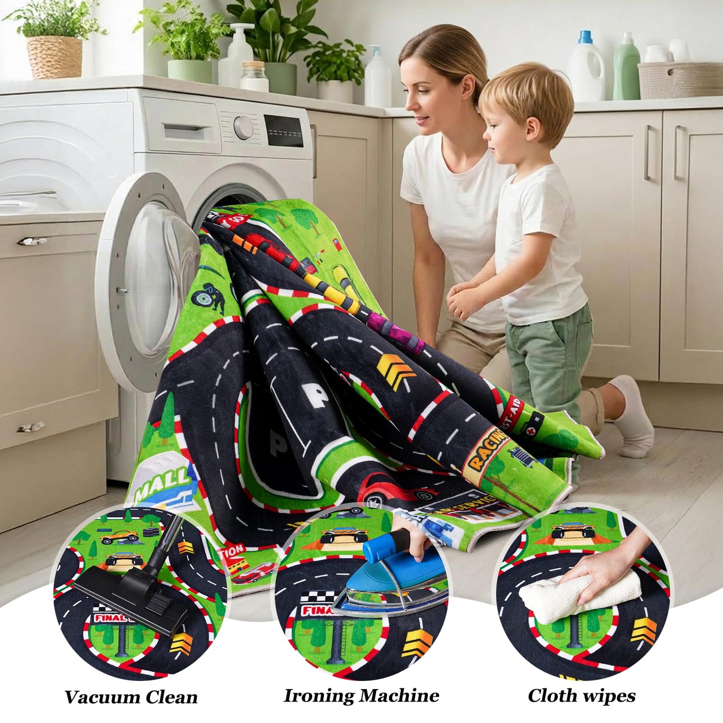 Quntue Kids Play Rug 4x5 Ft, Non-Slip Race Track Car Rug Play Mat, Washable Soft Road Carpet for Boys Room, Playroom, Bedroom, Nursery, Classroom