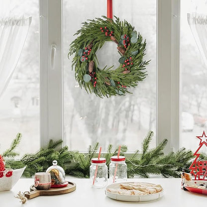 Christmas Decorations - 22 Inch Artificial Norfolk Pine Christmas Wreath with Pine Cones, Eucalyptus, and Red Berries Perfect for Front Door - Indoor Outdoor Holiday Decor for Mantle, Wall, Window