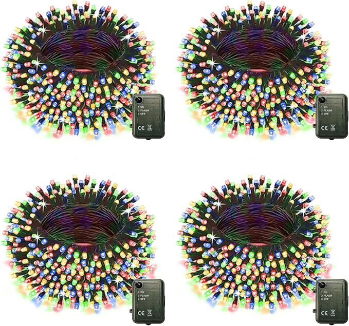 Colorful Battery Powered String Lights, 4 Pack Total 66.6 FT 200 LED String Fairy Lights Indoor Outdoor Christmas Decoration, Twinkle Fairy Light for Party Room Classroom Xmas Tree Party Decor