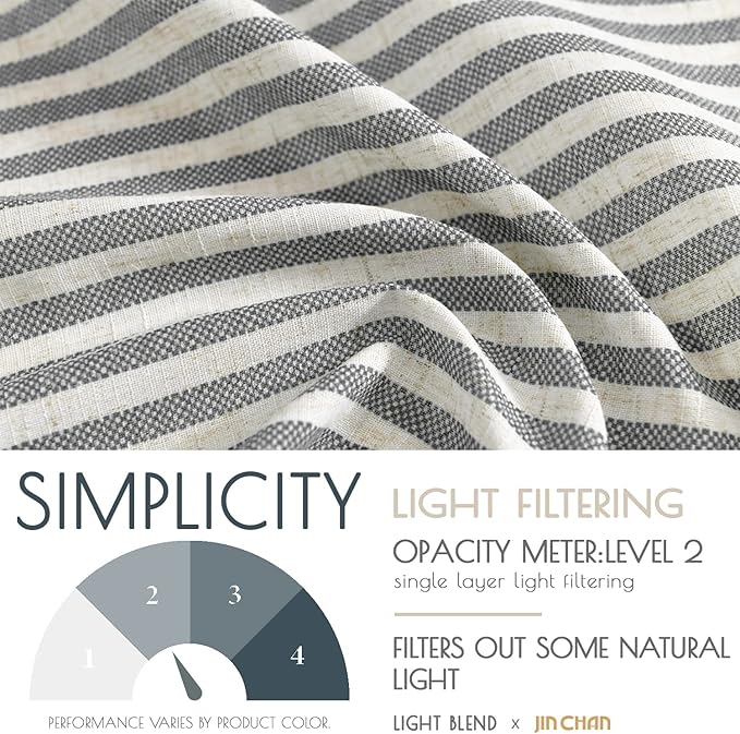 JINCHAN Tab Top Linen Kitchen Curtains 24 Inch Striped Tier Curtains Farmhouse Modern Cafe Style Small Window Treatments Airy Light Filtering Rod Pocket for Living Room Bathroom 2 Panels Charcoal Grey