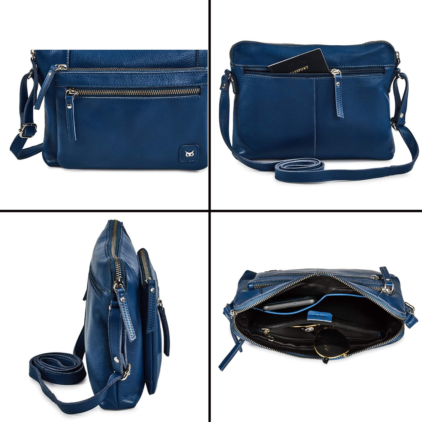 Leather Crossbody Bags for Women Small Soft Genuine Pebbled Sling Shoulder Handbag Crossover Purse with Full Adjustable Strap (Sapphire Blue Nappa)