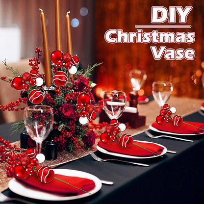 8 Pcs Red and White Christmas Tree Picks 7.87 Inch Christmas Balls Ornaments Xmas Hanging Decorations for Xmas Tree Topper DIY Wreath Holiday Floral Vase Fillers Crafts Home Decor