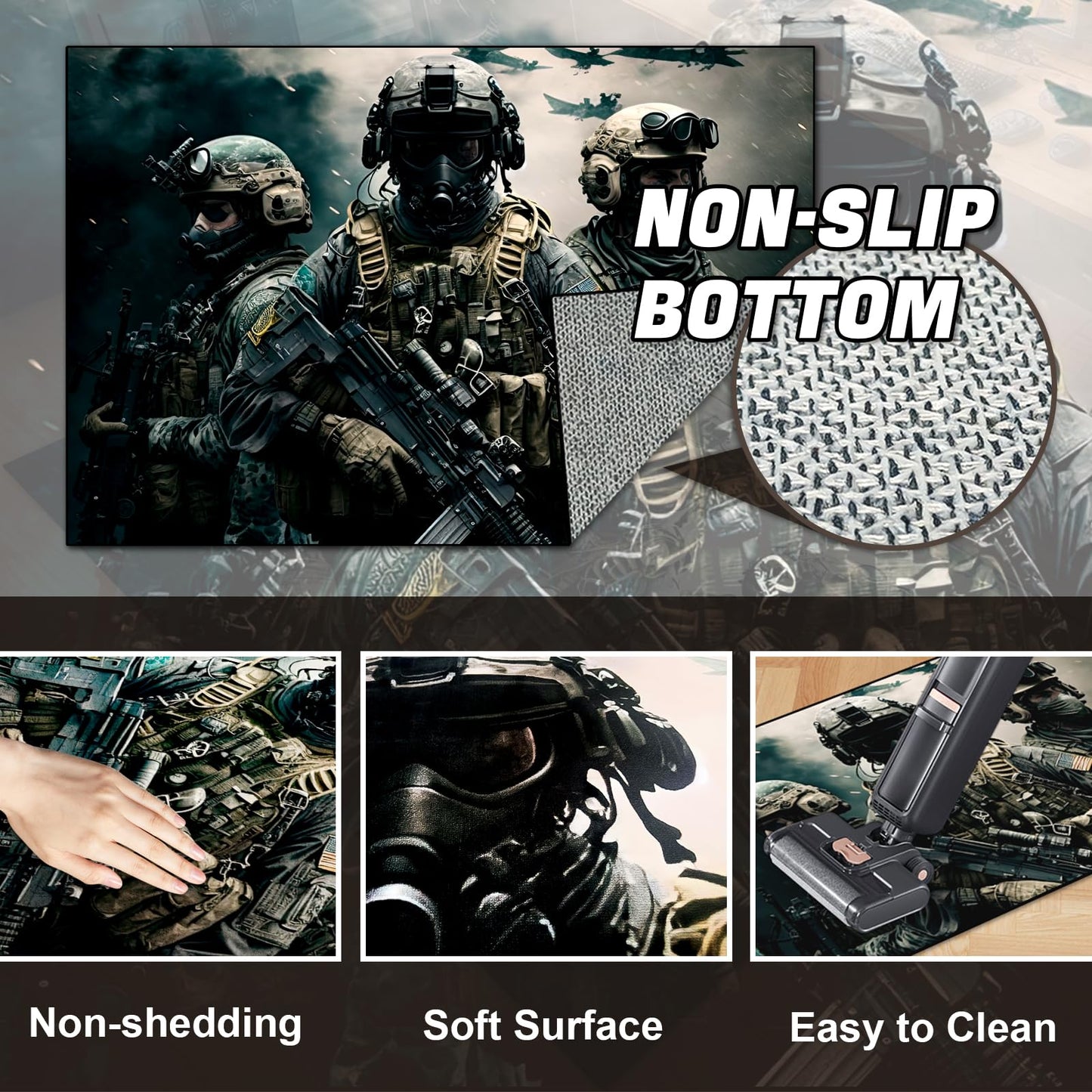 Shooting Game Rug Teen Boys Carpet with Battle Games Element Decoration Mat, War Game Rugs for Boy’s Bedroom Living Room Playroom, Non-Slip Children Gaming Area Rugs (Threesome, 79" x 59")