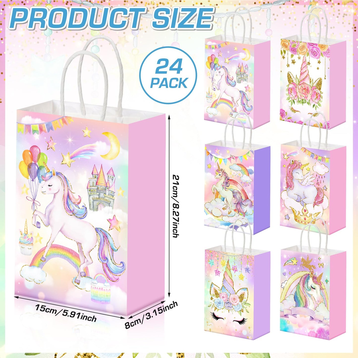 Kolldenn 24 Pcs Unicorn Party Favor Bags for Birthday Party Supplies Cute Unicorn Gift Goodie Paper Bags with Handles Rainbow Goody Treat Candy Pouch‌ for Girls Birthday Baby Shower Decorations