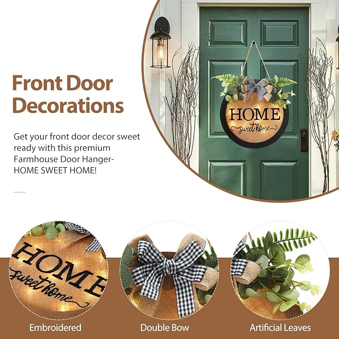 HOMCDALY Welcome Sign for Front Door, Door Wreaths for Front Door Outside, Farmhouse Welcome Wooden Door Hanger, Rustic Wall Door Sign, Seasonal Home Decorations (F-Black)